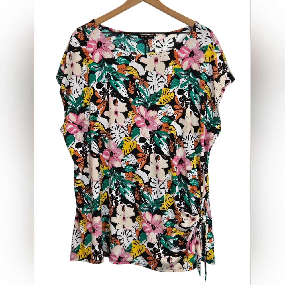 Lane Bryant Boatneck Dolman Sleeve Gathered Tie Hem Top Drapey Tropical 22 24